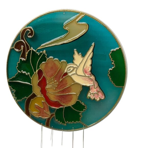 Hummingbird & Flower Stained Plastic Glass Wind Chime With Brass Tubes 6" - Picture 3 of 7